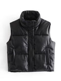 Women Black Pu Puffy Vest American Streetwear Winter Thick Parkas Jacket Fashion Outwear Faux Leather Down Waistcoat