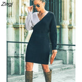 PETAL Black Grey Colorblock Sweater Mini Dress For Woman Sexy V-neck Long Sleeve Dress 2023 Autumn Winter Bodycon