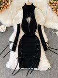 Women Sexy Sweater Dress Open Chest Backless Ribbon Strap Tops Turtleneck Long Sleeve Lacing Up Bodycon Knit Bandage