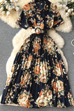 Women Floral Pleated Chiffon Dress Vintage Turn-Down Collar Short Sleeve Single Breasted Printed Draped Midi Vestidos