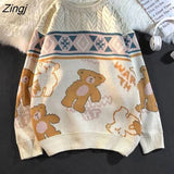 Vintage Bear Sweater Women Harajuku Kawaii Loose Oversized Knitted Pullover Men High Street Couple Sweaters Casual