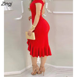 Women Fashion Elegant Sexy Plain Off Shoulder Ruffle Hem Slit Dress Solid Red Black Midi Dress Ruffles Sleeveless