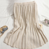 Autumn Women's Knitted 2 Piece Set Chic Office Ladies Single Breasted Cardigan Sweater + Pleated Knee-Length Skirt