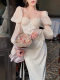 Summer New Women Fashion Elegant Puff-Sleeve Midi Corset Dresses Evening Female Party Lady Clothes
