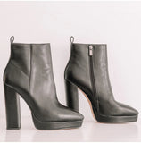 Onlymaker Women Ankle Boots Pointed Toe Black Matte Flock12CM Chunky Heel Platform Booties Party Shoes Large Size Short