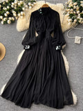Light Ripe Wind Collar Pleated Lantern Long Sleeved Waist Dress Feminine French Large Pendulum Chiffon
