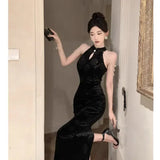 Hot Girl Retro Long Dress Children's Autumn Elegant Velvet Embossed Pearl Chain Cheongsam Dress Fashion Female