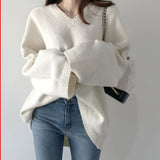 Zingj Early Spring V-Collar Pullover Loose White Bottomed Sweater Woman In Korean Lazy Wind Wearing Black