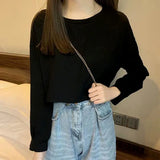Long Sleeve T-shirts Women Basic Crop Tops Simple All-match Loose Japanese Style Causal Tshirts Female Daily Ulzzang