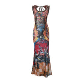 Zingj Women's Summer New French Oil Painting Print Vintage Dress Sexy U-Neck Fishtail Sling Dress