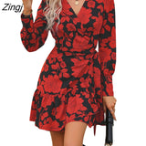 Floral Print Belted Wrap Mini Dress For Women Sexy V-neck Ruffled Long Sleeve A-line Dress 2023 Spring Autumn Female