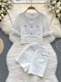 Small Fragrant French Short Sleeve Single Breasted Jacket + High Waist Slim Shorts Suits 2 Pieces Sets Women's