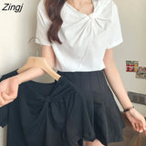 Women Short Sleeve Solid Fashion Simple Elegant Chic Sweet All-match Korean Basic Ladies Summer Ladies Cozy Casual