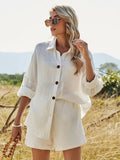 Spring Two Piece Set Tracksuit Casual Outfit Suits Women White Shirt Blouse Tops Cotton Linen Shorts Pants 2 Piece