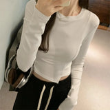 Feeling Round Collar Solid Color Fishbone Blouse Women's Autumn New Style Long Sleeves Waist Short Style Bottom Shirt