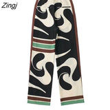 Women Vintage Geometric Patchwork Graffiti Print Wide Leg Pants Female Chic Zipper Long Trousers Pantalones Mujer
