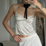 Temperament Pure Color Lace Splicing V-Collar Chest-Shaped Satin Satin Vest 2024 Spring / Summer New