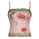 Romantic Lace Lace Collision Color Splicing Halo Dye Printed Net Sling Vest Wavy Edge Slim