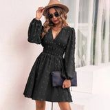 Summer Casual Chiffon Solid Color V-neck Slim A-line Midi Dress 2022 Fashion Elastic Waist Jacquard Dresses For