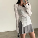 Solid Color V-Neck Elastic Knitted Tee Outfit