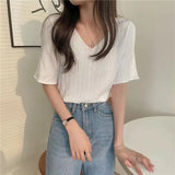V-Neck Knitted Short-sleeved T-shirt Summer Korean Version 2022 New Loose And Thin Short All-match Bottoming
