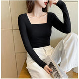 Zingj Square Collar Undershirt With The 2024 New Fall Tight Low Collar Long-Sleeved T-Shirt-Outfit