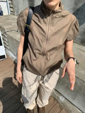 Thin Sun Protection Short Sleeve Jackets Vintage Slim Stand Neck Coat Casual Zipper Y2k Aesthetic Cargo Solid