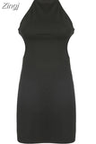 Backless Halter Neck Solid Tank Black Dress Summer Fashion Elegant Korean Female Dress Sleeveless Basic Sundress