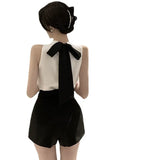 Style Bow Back Vest Sleeveless Top + High Waist Wide Leg Shorts Two-piece Short Sets Summer Top Women Outfit