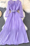Women Lace Patchwork Pleated Long Dress Vintage Round Neck High Waist Big Swing Draped Vestidos Female Green/Red Robe