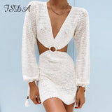 2021 Knit Stripe Long Sleeve Dress Beach Backless Summer Hollow Out Women V Neck Sexy Party Mini Dresses Casual