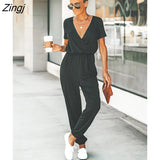 PETAL V-neck Short Sleeve Jumpsuit For Woman Casual Long Jogger Pants Playsuit 2023 Summer Overalls Bodysuits
