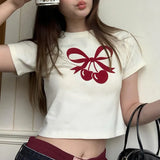 And Lovely Cherry Bow Printed Round Collar Basic T-Shirt Girls Wear A New Style Of Simple Blouse In