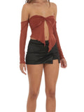 Women Summer Mesh Sheer See Through T-shirts Crop Tops Solid Color Off Shoulder Front Split Knotted Tees Shirts