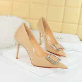 Zingj Fashion Banquet High Heels Fine Heel Shallow Pointed Satin Metal Water Diamond Buckle Single Shoe