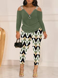 Autumn And Winter Women's Wear New Shoulder Spliced Long-Sleeved Printed Trousers Two