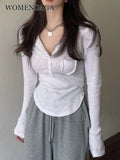 Sexy Hot Knitted T Shirt Women's Summer Tops Thin Sunscreen V-neck Short Tight White Long Sleeve Top Tshirt