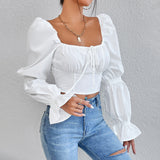 Zingj And Summer Women Pure White Long Sleeve Front Chest With Open Back Sexy Waist Shirt