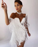 2022 Women Fashion Tassel Bandage Dress Sexy V Neck Off Shoulder Bodycon Nightclub Celebrity Female Party Mini