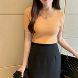 Basic Short Sleeve T-shirts Women 2022 Summer Solid O-neck Thin Knitting T Shirts Woman Korean Slim Fit Ribbed
