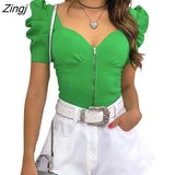 Women Short Puff Sleeve Tops Fashion Summer V Neck Solid Color Zip Up Slim Fit T-Shirts Basic Tops