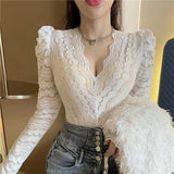 V-Neck Lace Basic Shirts Women Korean Blouse Female Casual Long Sleeve Slim Elegant Sexy Tops Lady 2021 Spring