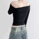 Zingj One Word Shoulder Sexy Off The Shoulder Slim Long-Sleeved T-Shirt Slim Hot Girl Pure Color Short