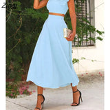 Summer Casual Ruffles Sleeveless Backless Corset Crop Tank Top & A Line Maxi Skirt Set Women's Two Piece Dress Holiday
