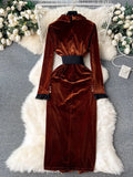 Retro Long-Sleeved Gold Velvet Dress Women's High-End Light Extravagant Suit Collar Waist Metal Button Medium