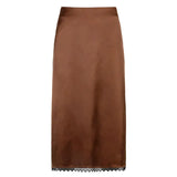 Vintage High Waist Satin Midi Skirt Women Brown Black Lace Patchwork Elegant Skirts Ladies Summer Streetwear