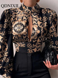 Standing Collar Long Sleeve Lantern Sleeve Backless Hollow Shirt In Spring and Summer Blouse Blouse Women Shirt and