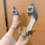 Zingj Square Buckle High Heels Women Spring 2023 New Korean Version Fashion Pointed Thick With Shallow Mouth Empty Single Shoes