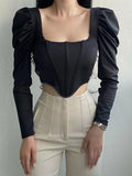 Summer New Women's Tops Retro Square Collar Pure Desire Long-sleeved Sexy Puff Sleeves Fishbone Corset Short
