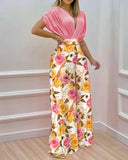 Two Piece Set Women Fashion V-neck Bat Sleeve Top Printed Wide-leg Pants Suit Casual Two Piece Set